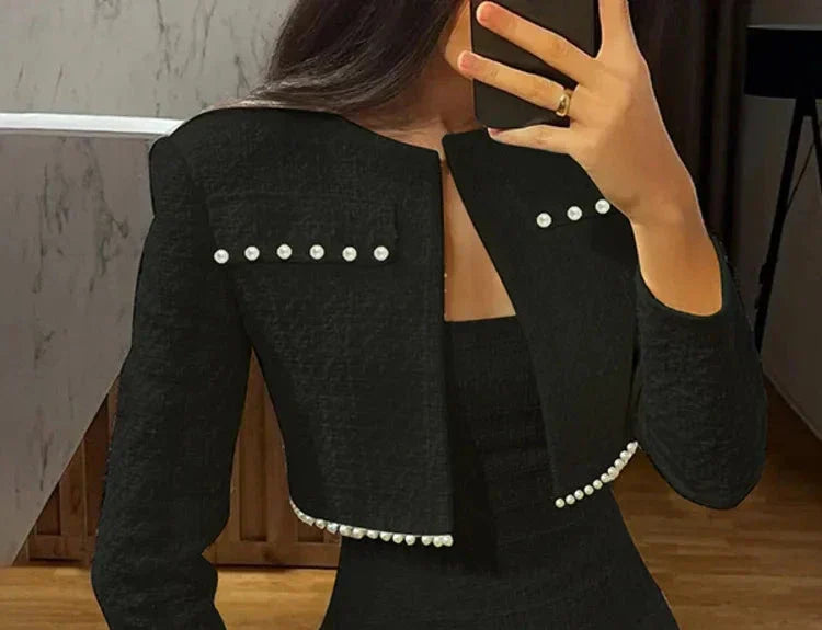 שמלת מיני סטרפלס בד ארוג + בלייזר קצר - ליאו