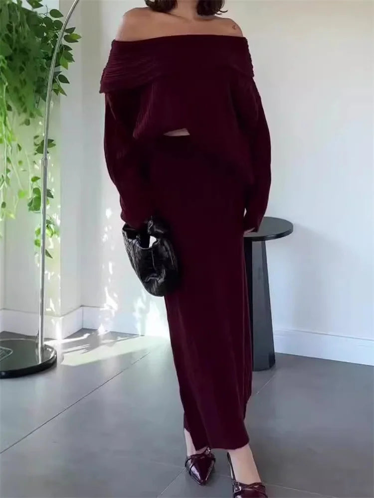 סט סריג שני חלקים חולצת כתפיים חשופות וחצאית מקסי - אילונה