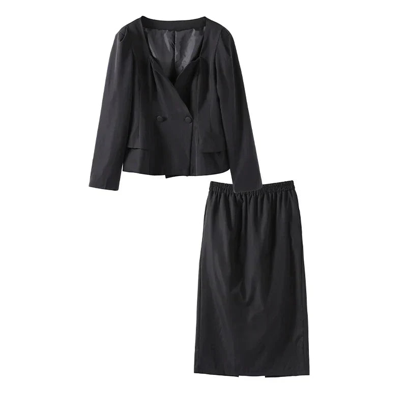 סט שני חלקים אלגנטי חצאית מידי ובלייזר בעיצוב מחויט ויוקרתי - PAS